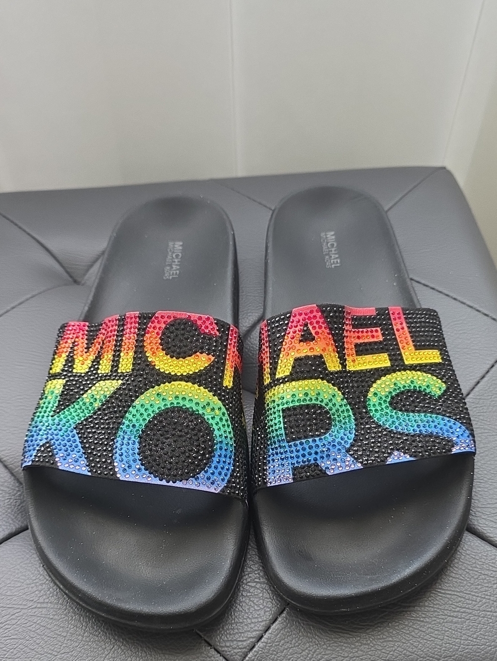 Michael Kors Black Slides with Rainbow Crystal Logo